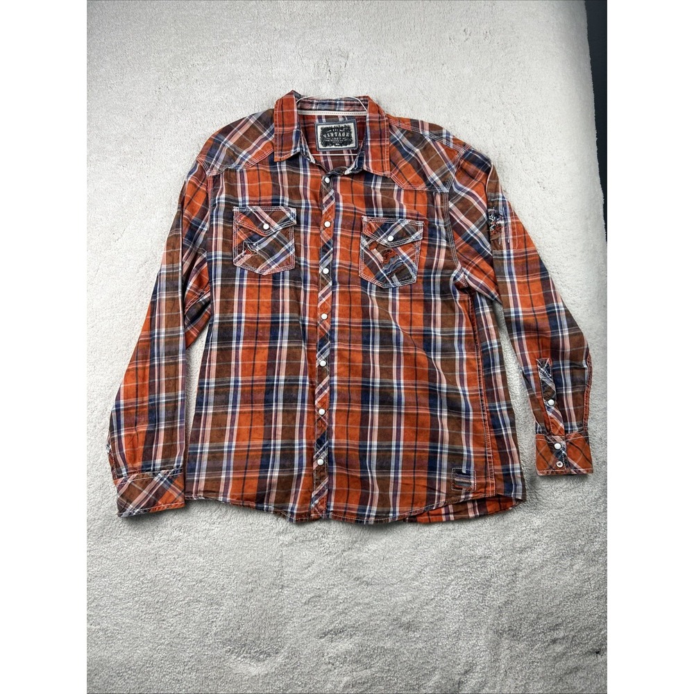 BKE Vintage Shirt Mens XL Relaxed Fit Purple/Orange Plaid Pearl Snap Western